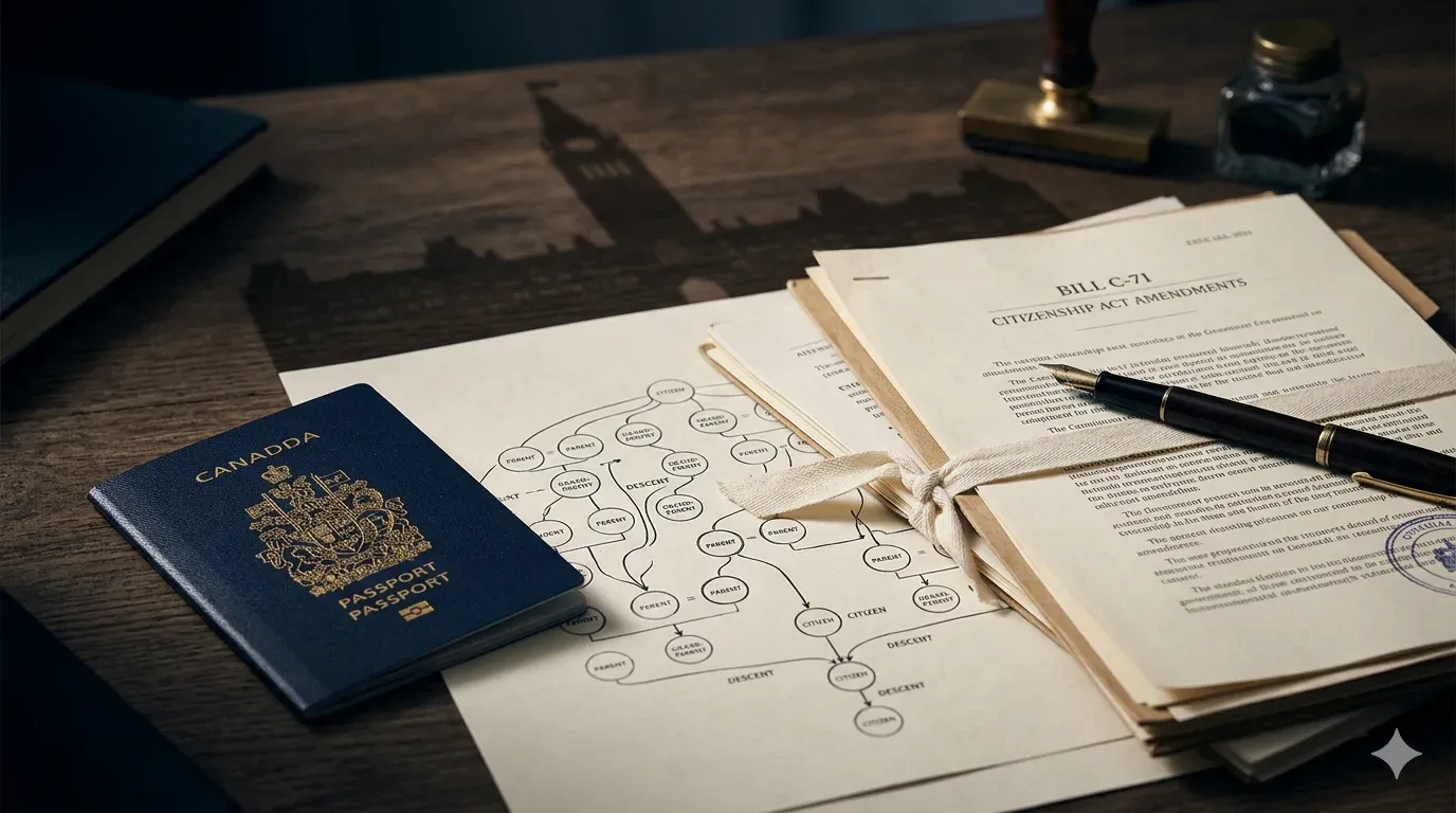 Canadian passport and legal documents with a family lineage motif representing citizenship by descent reform under Bill C-71