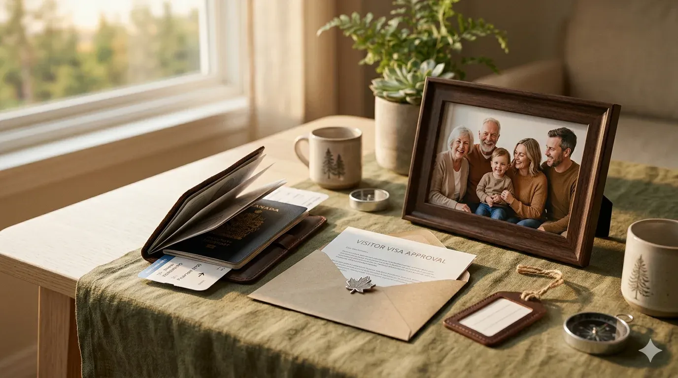 Travel documents and family reunion visuals representing Canada’s extended Parents and Grandparents Super Visa stay period
