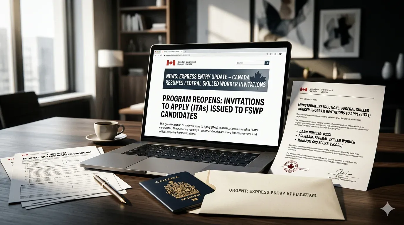 Immigration paperwork, passport, and invitation-themed documents representing the return of Federal Skilled Worker Program draws in Canada