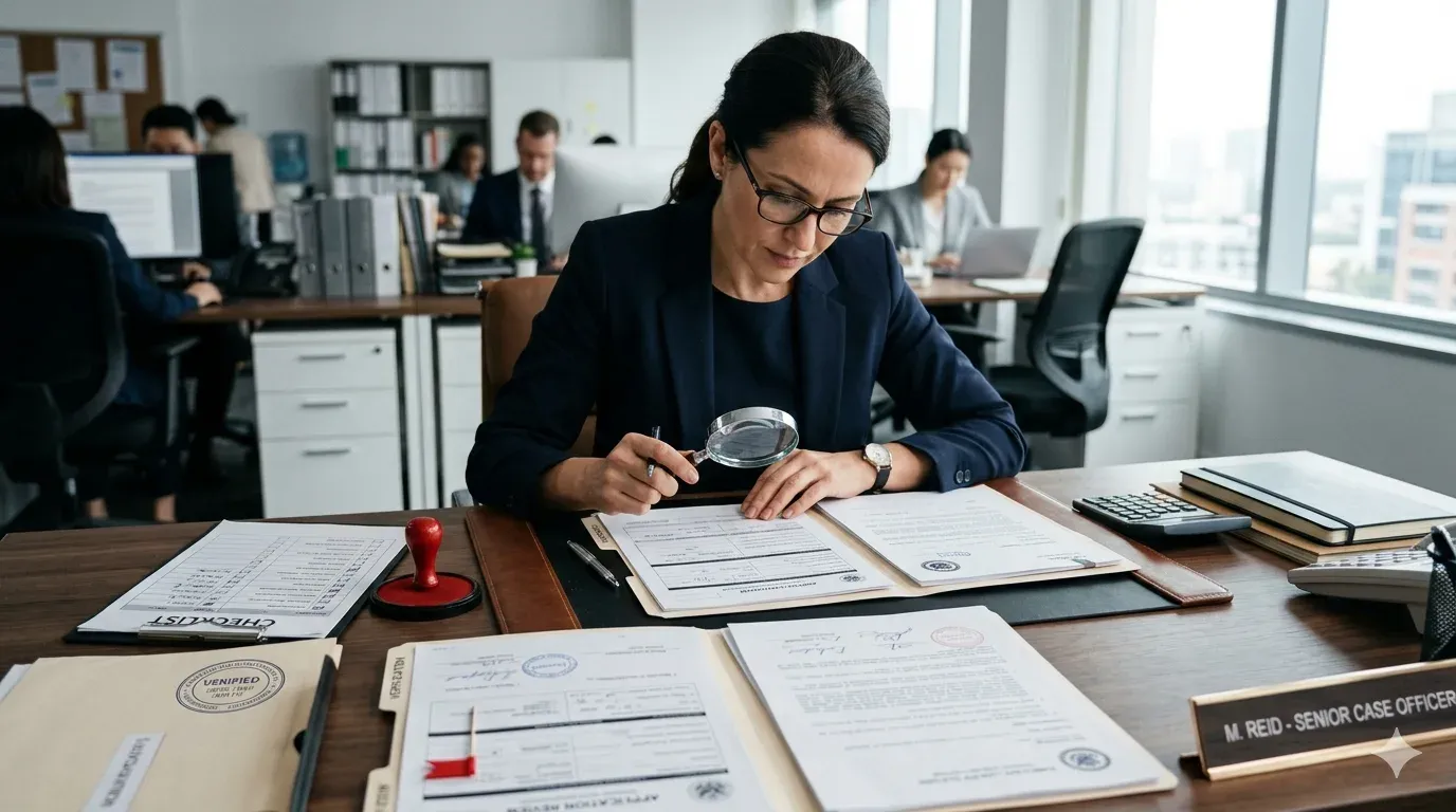 Immigration papers, magnifying glass, and verification cues representing protection against immigration fraud and the need to verify legal representatives