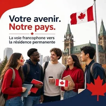 French-speaking international students holding Canadian flags in front of Parliament, with French text about permanent residence