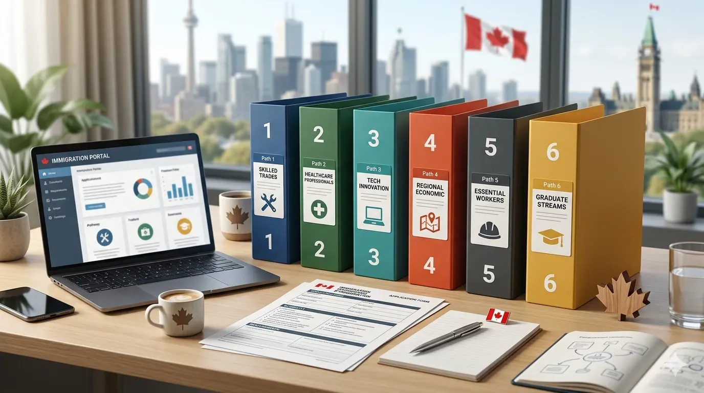 Organized immigration application materials with multiple pathway cues representing Canada’s six new immigration programs