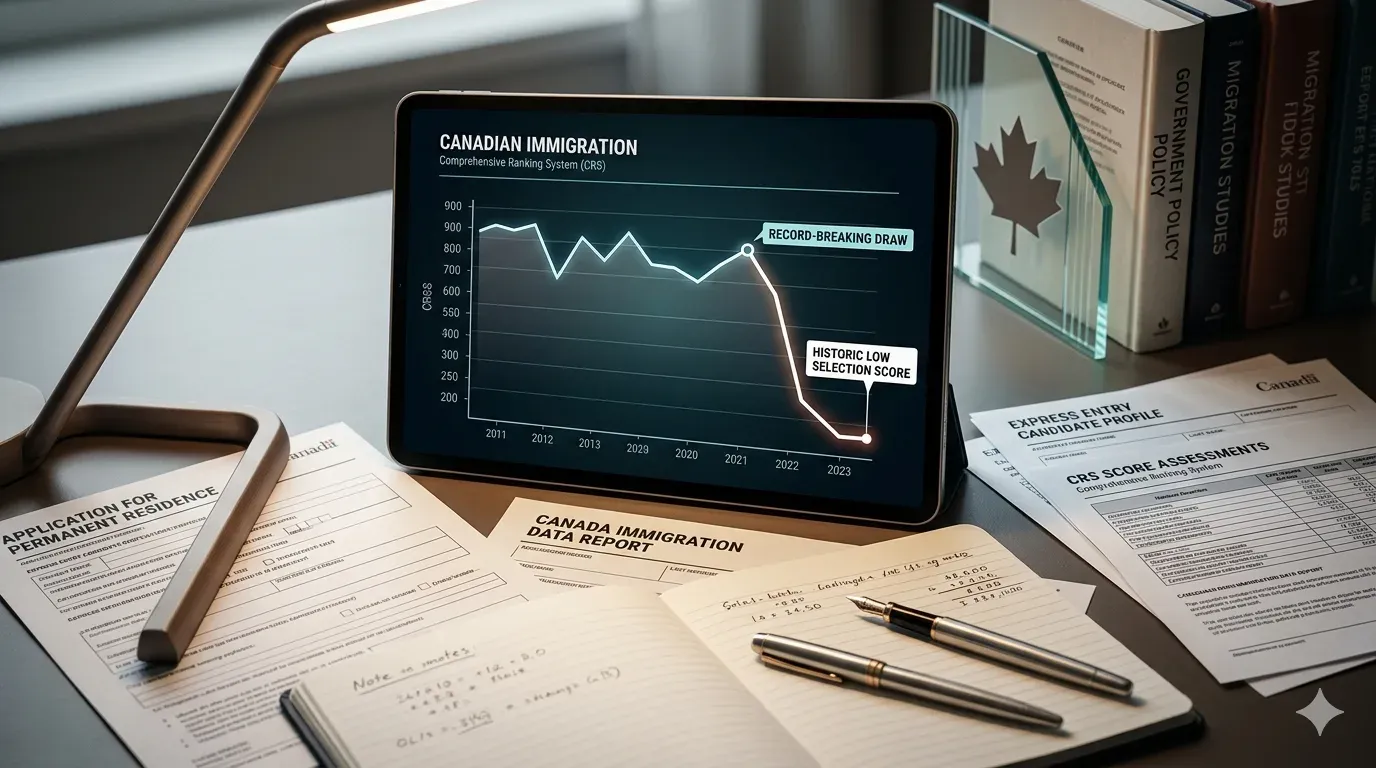 Immigration documents and a score-chart concept representing a record-breaking Express Entry draw with a low CRS cutoff