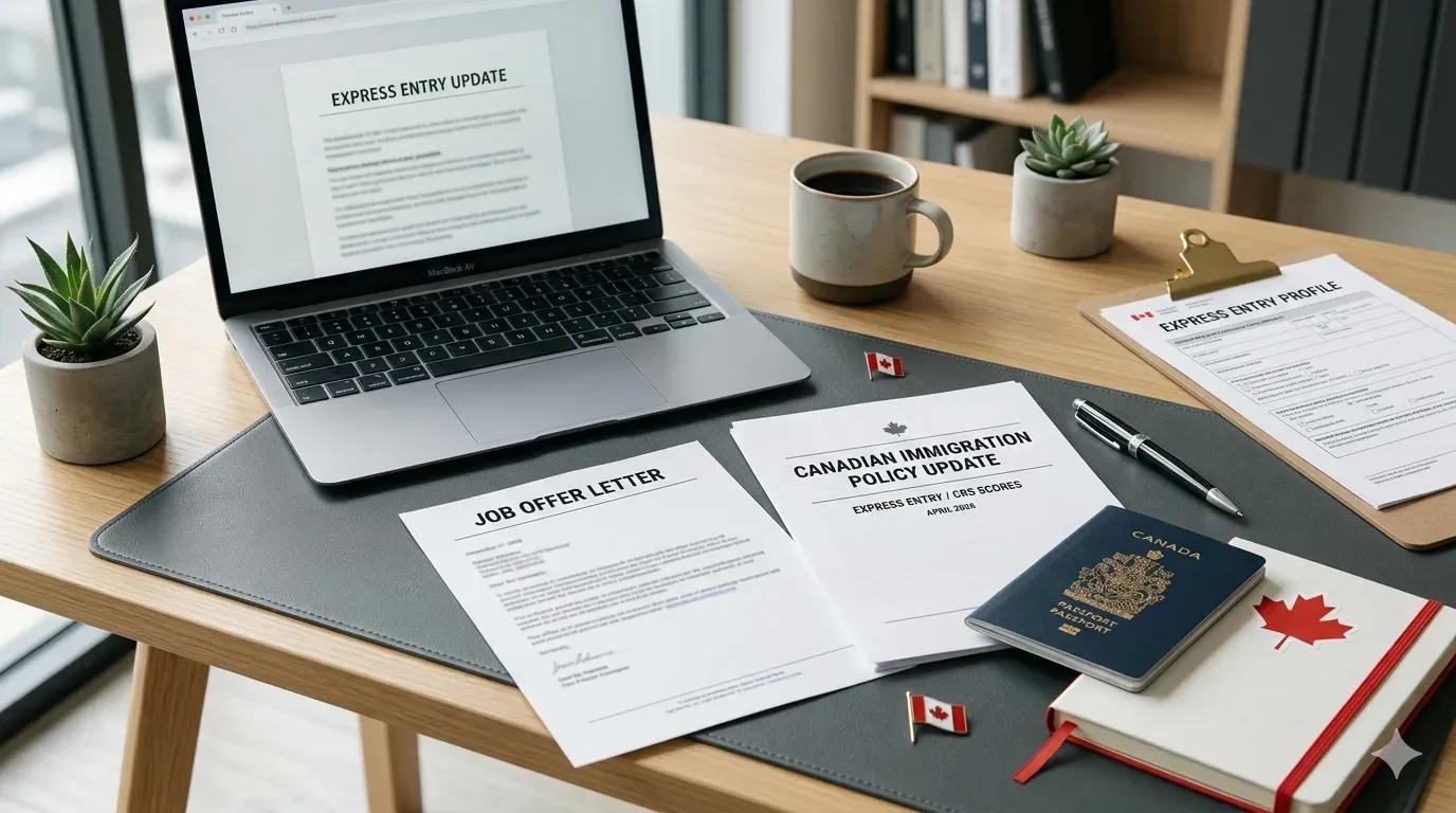 Canadian immigration paperwork and job offer documents on a desk representing Express Entry CRS changes