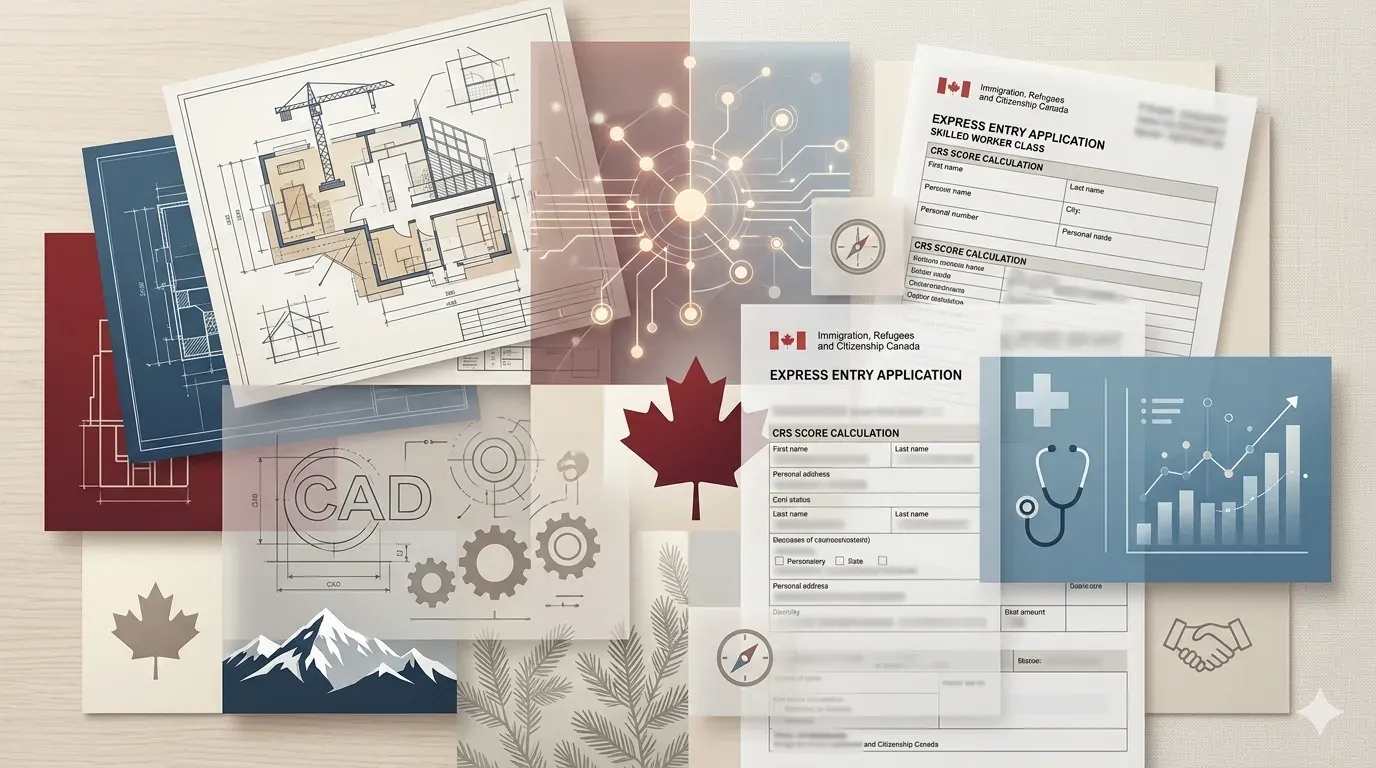 Workforce-related objects and immigration documents representing Canada’s focus on in-demand occupations in Express Entry